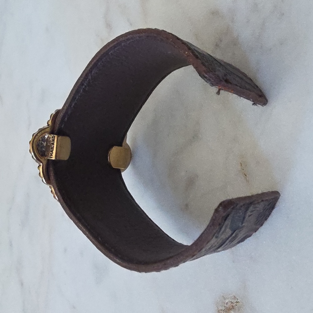Barse turquoise and tooled brown leather cuff bracelet  with silver hardware - Picture 6 of 8